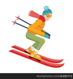 Skier Isolated on White. Person Skiing. Vector. Skier isolated on white. Person skiing flat style design. Skis isolated. Winter season recreation winter sport activity. Slalom sport ski race. Athlete on the downhill. Extreme speed skiing. Vector