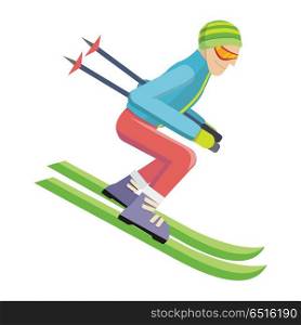 Skier Isolated on White. Person Skiing. Vector. Skier isolated on white. Person skiing flat style design. Skis isolated. Winter season recreation winter sport activity. Slalom sport ski race. Athlete on the downhill. Extreme speed skiing. Vector