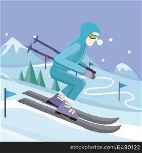 Skier on slope vector illustration. Flat design. Man in ski suit sliding from hill with slalom flags. Winter entertainments, outdoor activity and sport. Extreme slalom. For mountain resort ad . Skier on Slope Vector Illustration in Flat Design. Skier on Slope Vector Illustration in Flat Design