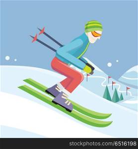 Skier on Slope Vector Illustration in Flat Design. Skier on slope vector illustration. Flat design. Man in ski suit sliding from hill with slalom flags. Winter entertainments, outdoor activity and sport. Extreme slalom. For mountain resort ad