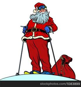 Skier Santa Claus character merry Christmas and happy new year. Pop art retro vector illustration vintage kitsch drawing 50s 60s. Skier Santa Claus character merry Christmas and happy new year