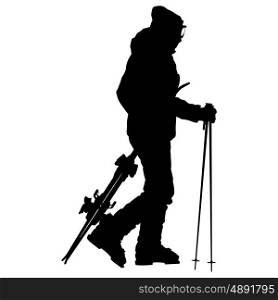 Skier standing on the snow and keeps skis. Vector sport silhouette. Skier standing on the snow and keeps skis. Vector sport silhouette.