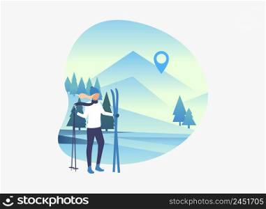 Skier woman holding skis and poles with snowy landscape. Tourism, winter, leisure concept. Vector illustration can be used for topics like vacation, nature, sport