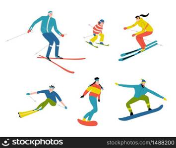 Skiers and snowboarders, cute doodle people. Funny cartoon men, women and child in the ski resort. Winter mountain sports activity. Hand drawn vector flat illustration, isolated on white.