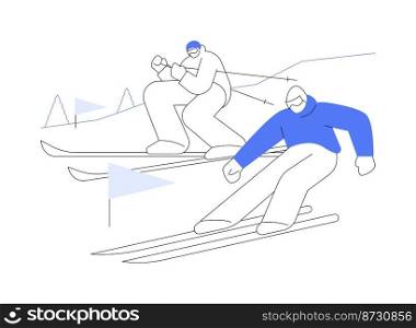 Skiing abstract concept vector illustration. Winter adventure, mountain slope, outdoor sport, family fun, mountainside resort, downhill, extreme vacation, snow peak, holiday abstract metaphor.. Skiing abstract concept vector illustration.