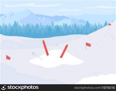 Skiing accident flat color vector illustration. Climber buried by avalanche. Skier trapped under snow. Dangers of skiing. Avalanche victim 2D cartoon character with snowy mountains on background. Skiing accident flat color vector illustration