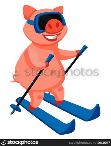 Skiing activity of piglet, symbolic animal of new year vector. Chinese zodiac symbol of 2019, oriental tradition with astrological signs. Pig having fun with winter hobby, piggy skier wearing goggles. Skiing activity of piglet, symbolic animal of new year
