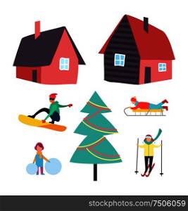 Skiing and winter seasonal hobbies set vector. Snowboarder and skier, people with active lifestyle. Kid with balls of snow, sledges and Christmas tree. Skiing and Winter Seasonal Hobbies Set Vector