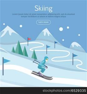 Skiing Banner. Skier on Snowy Sope. Way in Hills. Skiing banner. Skier on snowy slope. Skiing way. Person skiing flat style. Winter season recreation winter sport activity. Slalom sport ski race. Athlete on downhill. Extreme speed skiing. Vector