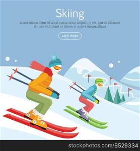 Skiing Banner. Skiers on Snowy Slope Competition.. Skiing banner. Skiers on snowy slope competition. Person skiing flat style. Winter season recreation winter sport activity. Slalom sport ski race. Athletes on downhill. Extreme speed skiing. Vector
