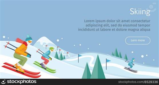 Skiing Banner. Skiers on Snowy Slope Competition.. Skiing web banner. Skiers on snowy slope competition. Person skiing flat style. Winter season recreation sport activity. Slalom sport ski race. Athletes on downhill. Extreme speed skiing. Vector