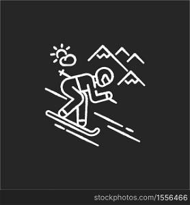 Skiing chalk white icon on black background. Winter vacation, seasonal extreme tourism. Active recreation at alpine ski resort. Sportsman skiing downhill isolated vector chalkboard illustration. Skiing chalk white icon on black background