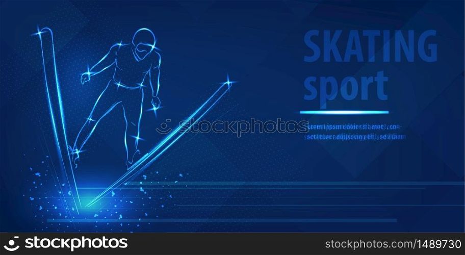 Skiing freestyle speed race skating sport. Ice skiing race. Blue neon horizontal banner. Olympic winter games. Man extreme figure. Skiing freestyle blue neon winter sport vector background.. Skiing freestyle speed race skating sport blue neon