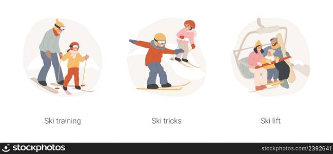 Skiing isolated cartoon vector illustration set. Adult teaching the kid how to ski, seasonal sport, young teen jumping and making trick on snow, extreme sport, lift mountain slope vector cartoon.. Skiing isolated cartoon vector illustration set.