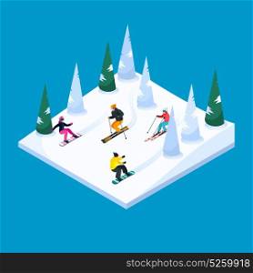 Skiing Landscape Isometric Element. Skiing hill square isometric scenery element with colorful skiers and snowboarders figures snow terrain and trees vector illustration