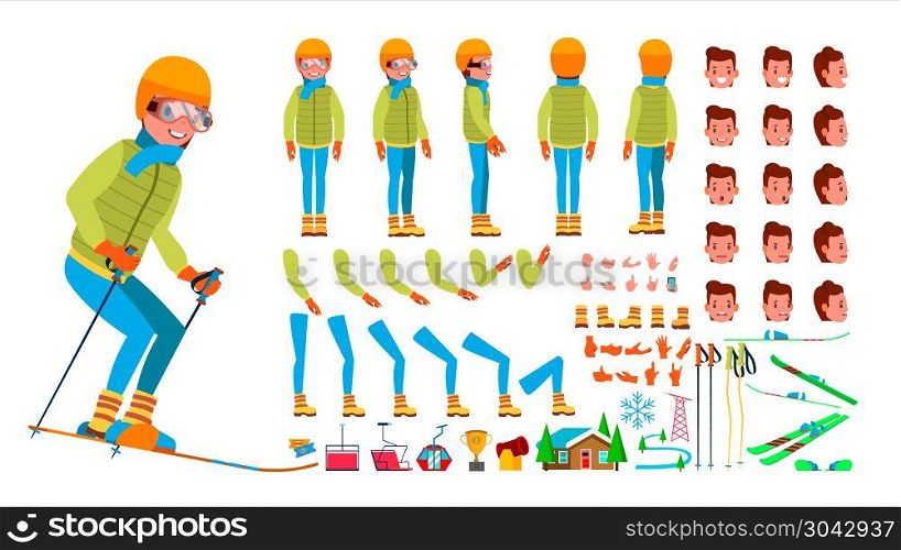 Skiing Male Vector. Animated Character Creation Set. Man Full Length, Front, Side, Back View, Accessories, Poses, Face Emotions, Gestures. Isolated Flat Cartoon Illustration. Skiing Male Vector. Animated Character Creation Set. Man Full Length, Front, Side, Back View, Accessories, Poses, Face Emotions, Gestures Isolated Illustration