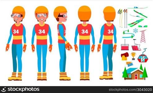 Skiing Man Player Male Vector. Extreme Speed On Downhill. Cold Downhill. Cartoon Athlete Character Illustration. Skiing Male Player Vector. Slope Competition. Recreation Lifestyle. In Action. Cartoon Character Illustration