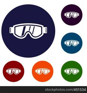 Skiing mask icons set in flat circle reb, blue and green color for web. Skiing mask icons set