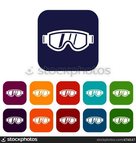Skiing mask icons set vector illustration in flat style In colors red, blue, green and other. Skiing mask icons set