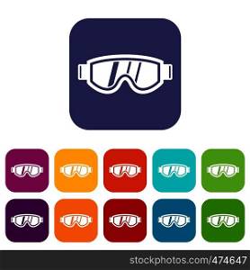 Skiing mask icons set vector illustration in flat style In colors red, blue, green and other. Skiing mask icons set