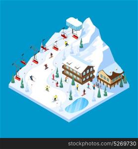 Skiing Mountain Isometric Landscape. Ski resort tiled isometric landscape design with piste houses on piles rope way and skiers figures vector illustration
