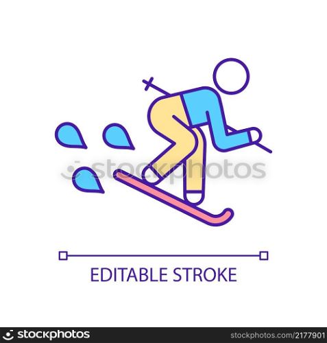 Skiing RGB color icon. Active sport. Leisure time activity. Recreation and competition. Skier equipment. Isolated vector illustration. Simple filled line drawing. Editable stroke. Arial font used. Skiing RGB color icon