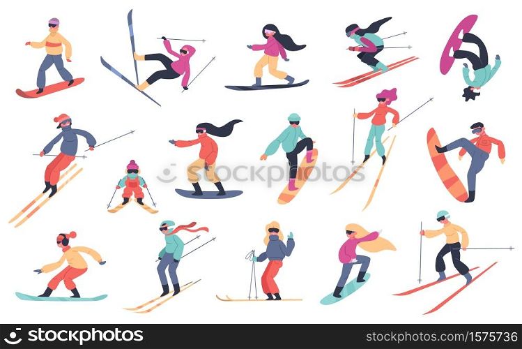 Skiing snowboarding people. Winter sport activities, young people on snowboard or ski, extreme mountain sports isolated vector illustration set. Extreme snowboard, sport ski and snowboarding. Skiing snowboarding people. Winter sport activities, young people on snowboard or ski, extreme mountain sports isolated vector illustration set