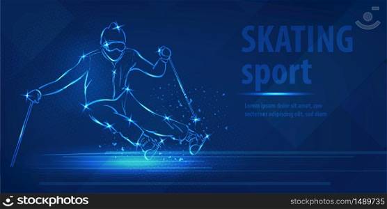 Skiing speed race skating sport. Ice skiing race. Blue neon horizontal banner. Olympic winter games. Man extreme figure. Snow track ski blue neon winter sport vector background.. Skiing speed race skating sport Ice skiing race