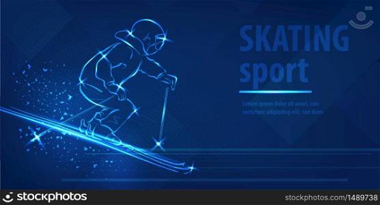 Skiing speed race skating sport. Ice skiing race. Blue neon horizontal banner. Olympic winter games. Man extreme figure. Snow track ski blue neon winter sport vector background.. Skiing speed race skating sport Ice skiing race