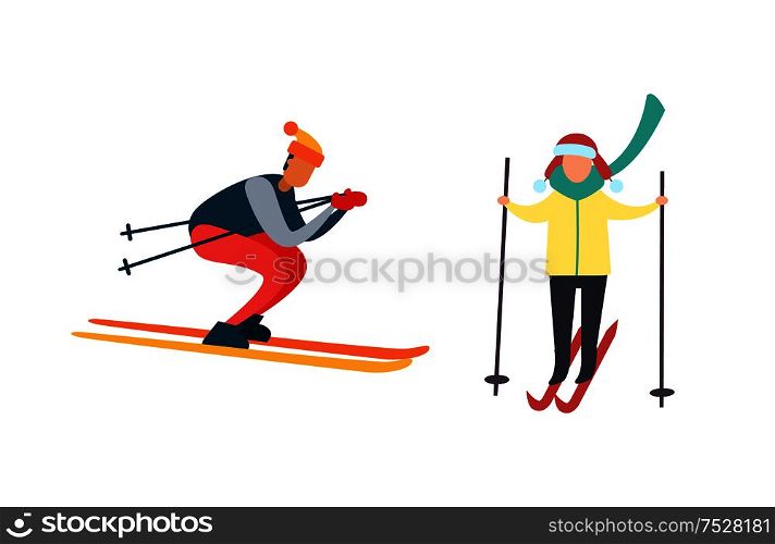 Skiing winter activities sport and hobby vector. People leading active lifestyle wintertime. Males with equipment to ski carefully and professionally. Skiing Winter Activities Sport and Hobby Vector