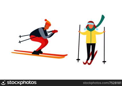 Skiing winter activities sport and hobby vector. People leading active lifestyle wintertime. Males with equipment to ski carefully and professionally. Skiing Winter Activities Sport and Hobby Vector