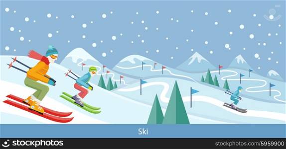 Skiing winter landscape design. Skier on snow, ski and winter, cold and sky, outdoor mountain, sport season, extreme hill, vacation and weather, resort activity, snowy natural environment illustration