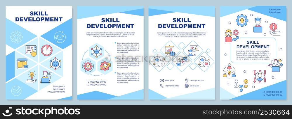 Skill development blue brochure template. Achieving career goals. Leaflet design with linear icons. 4 vector layouts for presentation, annual reports. Arial-Black, Myriad Pro-Regular fonts used. Skill development blue brochure template