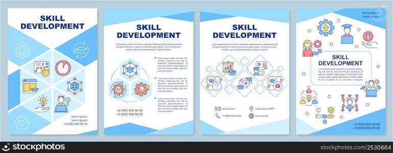 Skill development blue brochure template. Achieving career goals. Leaflet design with linear icons. 4 vector layouts for presentation, annual reports. Arial-Black, Myriad Pro-Regular fonts used. Skill development blue brochure template