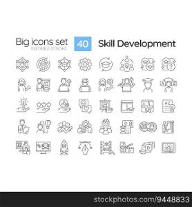 Skill development linear icons set. Professional growth. Training program. Invest in yourself. Goal achievement. Customizable thin line symbols. Isolated vector outline illustrations. Editable stroke. Skill development linear icons set