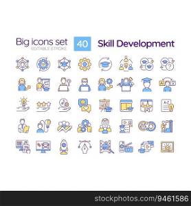 Skill development RGB color icons set. Professional growth. Training program. Learning opportunity. Isolated vector illustrations. Simple filled line drawings collection. Editable stroke. Skill development RGB color icons set