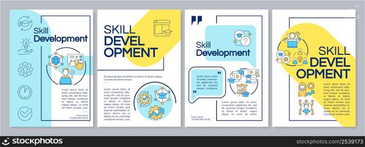 Skill learning blue and yellow brochure template. Increasing staff productivity. Leaflet design with linear icons. 4 vector layouts for presentation, annual reports. Questrial, Lato-Regular fonts used. Skill learning blue and yellow brochure template