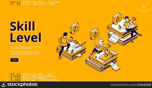 Skill level isometric landing page. Professional education and knowledge concept with tiny characters sitting on huge book piles using gadgets for reading and studying. 3d vector line art banner. Skill level isometric landing page, education