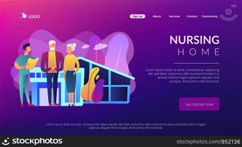 Skilled nurse and elderly people getting around-the-clock nursing care. Nursing home, nursing residential care, physical therapy service concept. Website vibrant violet landing web page template.. Nursing home concept landing page.
