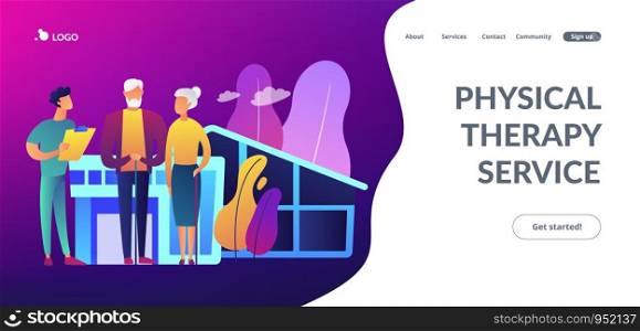 Skilled nurse and elderly people getting around-the-clock nursing care. Nursing home, nursing residential care, physical therapy service concept. Website vibrant violet landing web page template.. Nursing home concept landing page.