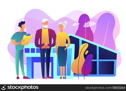 Skilled nurse and elderly people getting around-the-clock nursing care. Nursing home, nursing residential care, physical therapy service concept. Bright vibrant violet vector isolated illustration. Nursing home concept vector illustration.