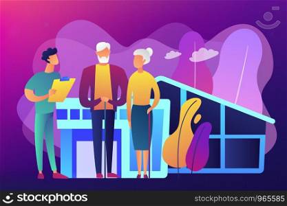 Skilled nurse and elderly people getting around-the-clock nursing care. Nursing home, nursing residential care, physical therapy service concept. Bright vibrant violet vector isolated illustration. Nursing home concept vector illustration.