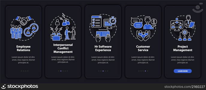 Skills for HR manager night mode onboarding mobile app screen. Walkthrough 5 steps graphic instructions pages with linear concepts. UI, UX, GUI template. Myriad Pro-Bold, Regular fonts used. Skills for HR manager night mode onboarding mobile app screen