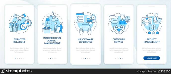 Skills for human resources manager blue onboarding mobile app screen. Walkthrough 5 steps graphic instructions pages with linear concepts. UI, UX, GUI template. Myriad Pro-Bold, Regular fonts used. Skills for human resources manager blue onboarding mobile app screen