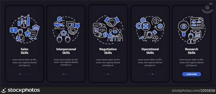 Skills for wholesaler onboarding mobile app page screen. Start business walkthrough 5 steps graphic instructions with concepts. UI, UX, GUI vector template with linear night mode illustrations. Skills for wholesaler onboarding mobile app page screen