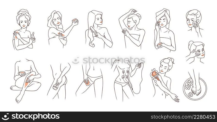 Skin and body care. Women characters apply lotion and cream on face, legs or hands. Spa procedure. Female using cosmetic products. Naked person washing torso with sponge. Vector line art girls set. Skin and body care. Women characters apply lotion and cream on face, legs or hands. Spa procedure. Female using cosmetics. Person washing torso with sponge. Vector line art girls set