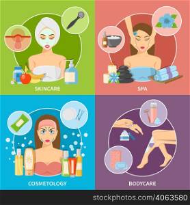 Skin and body cosmetology 2x2 design concept set with spa skincare and bodycare flat symbols vector illustration . Skin And Body Cosmetology 2x2 Design Concept