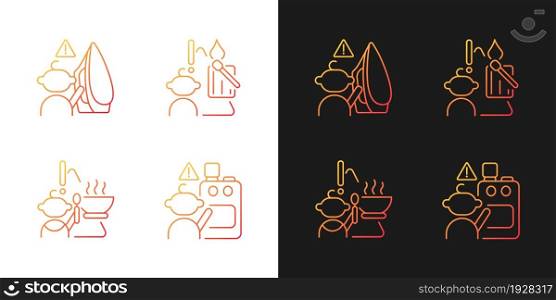 Skin burns danger gradient icons set for dark and light mode. Child safety at home. Thin line contour symbols bundle. Isolated vector outline illustrations collection on black and white. Skin burns danger gradient icons set for dark and light mode