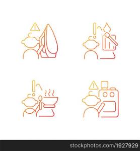 Skin burns danger gradient linear vector icons set. Child safety. Fire and injuries prevention. Matches usage restrictions. Thin line contour symbols bundle. Isolated outline illustrations collection. Skin burns danger gradient linear vector icons set