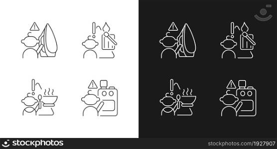 Skin burns danger linear icons set for dark and light mode. Child safety at home. Matches usage restrictions. Customizable thin line symbols. Isolated vector outline illustrations. Editable stroke. Skin burns danger linear icons set for dark and light mode